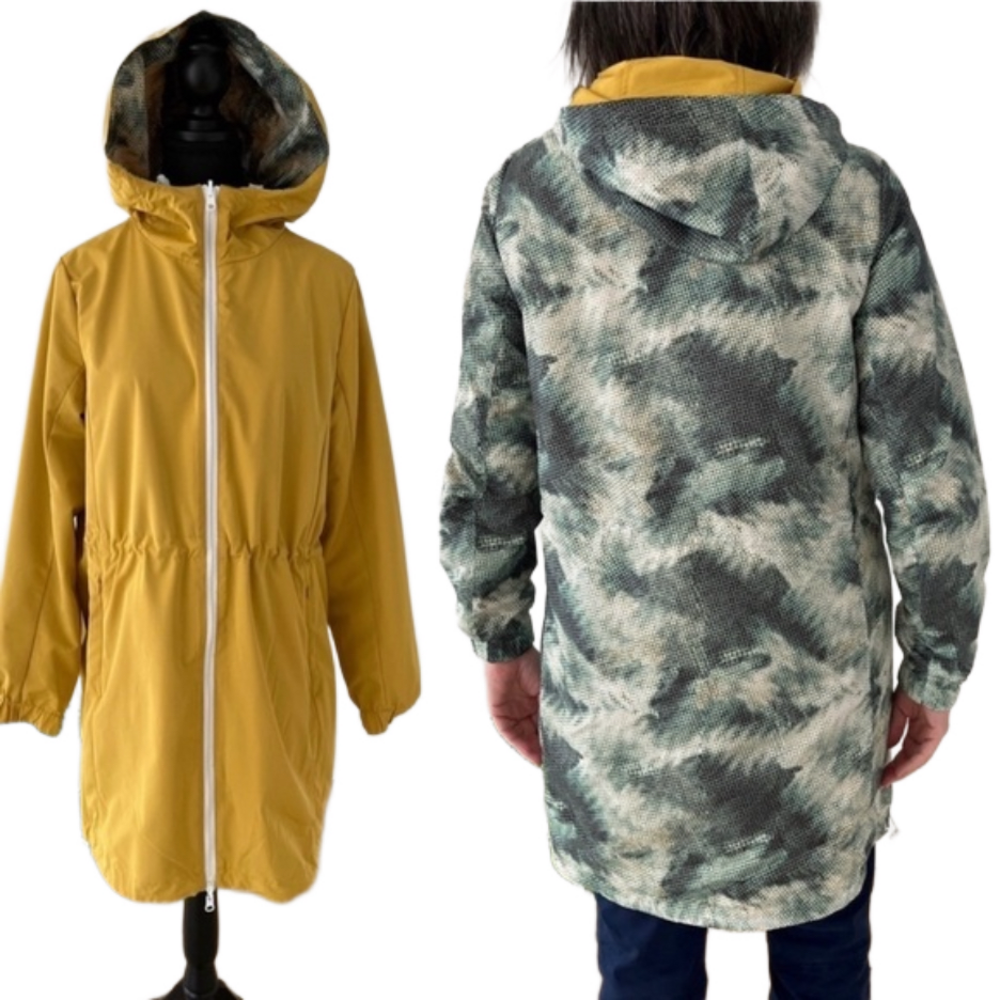 MPG Reversible Jacket Yellow Green Pattern Front Zip Side Pockets Drawstring
